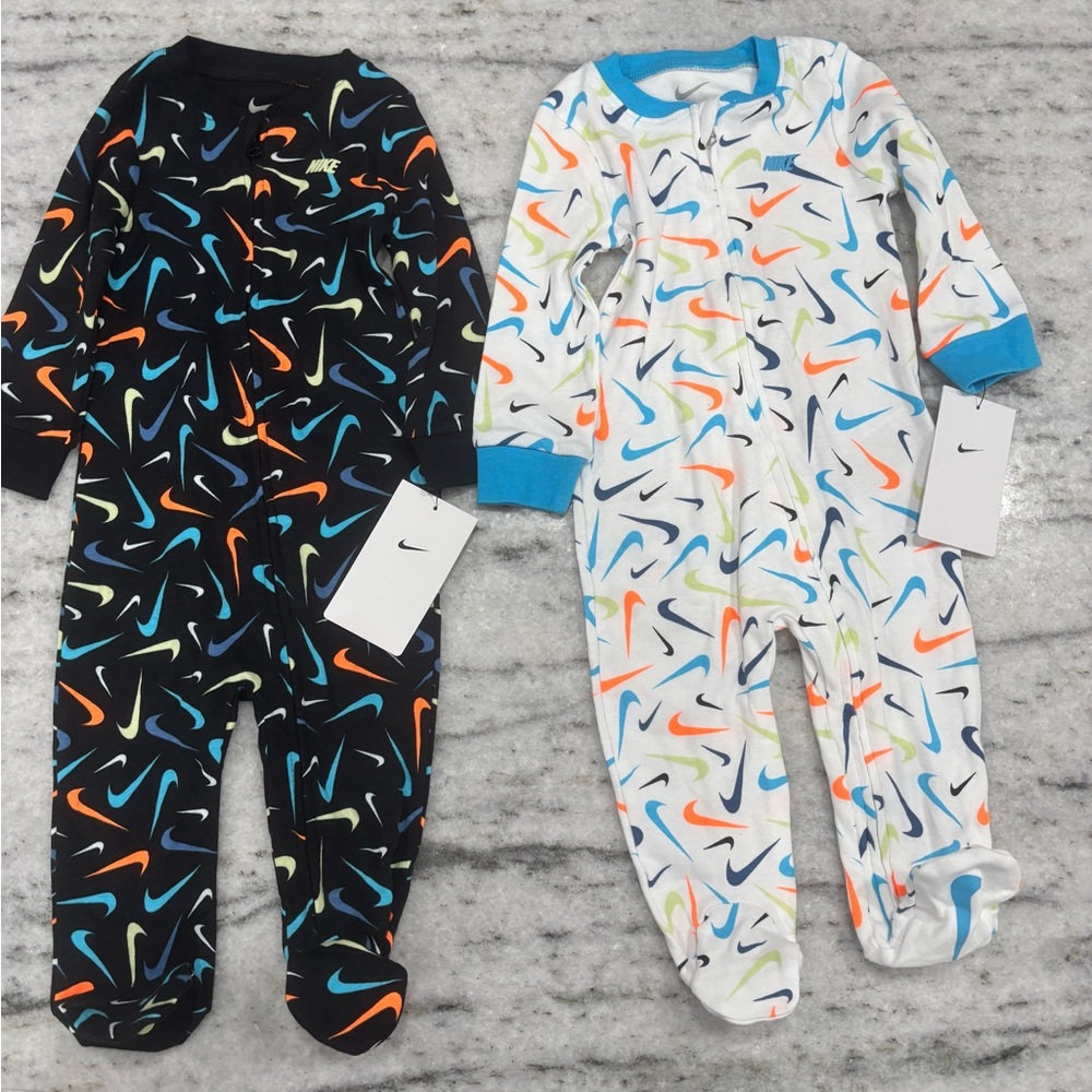 (SOLD)Set of 2 Nike Kids Footies - Black and White with Multicolor Swooshes